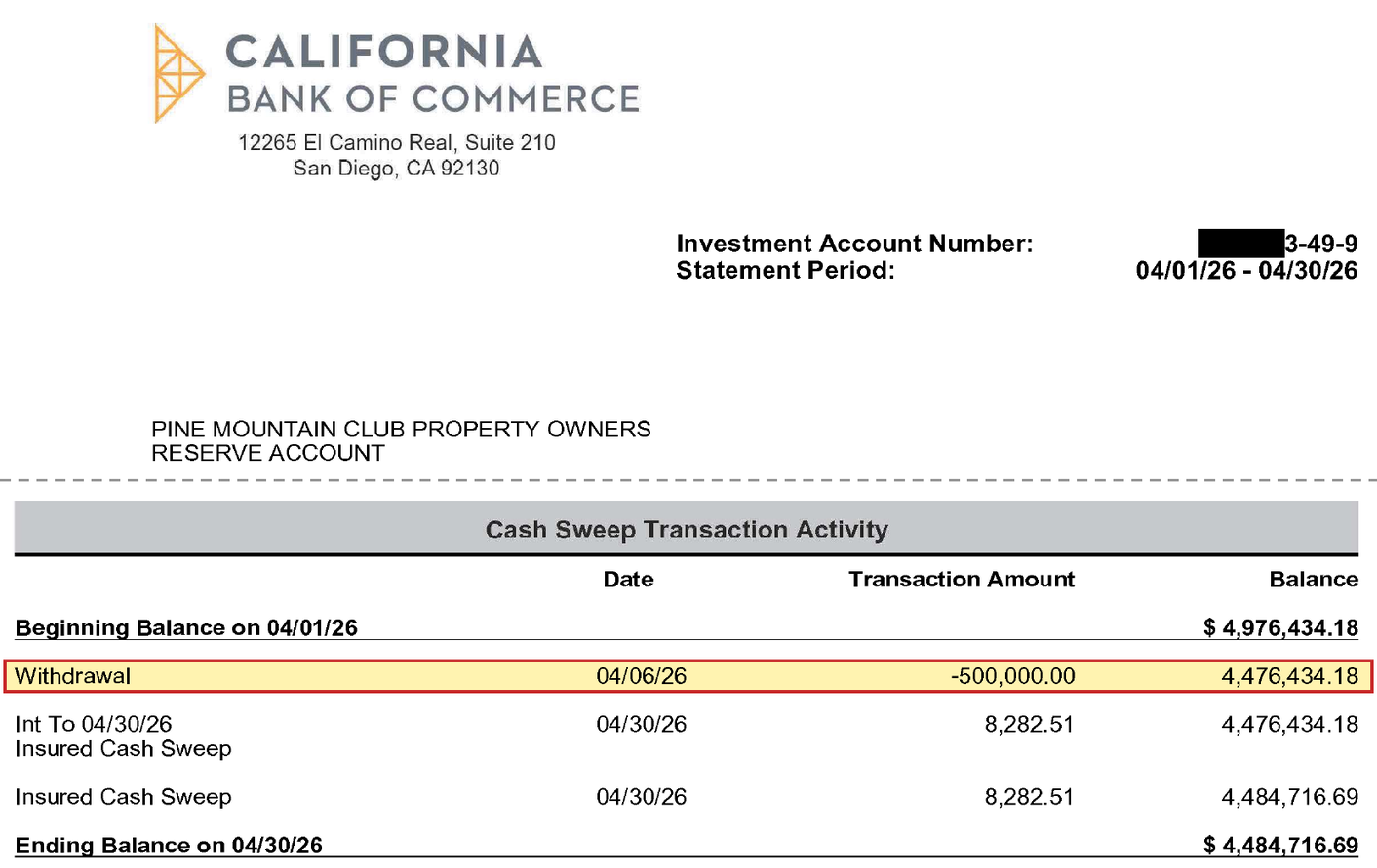Reserve ICS sweep statement, April 2026: Withdrawal 04/06/26, -500,000.00, balance 4,476,434.18