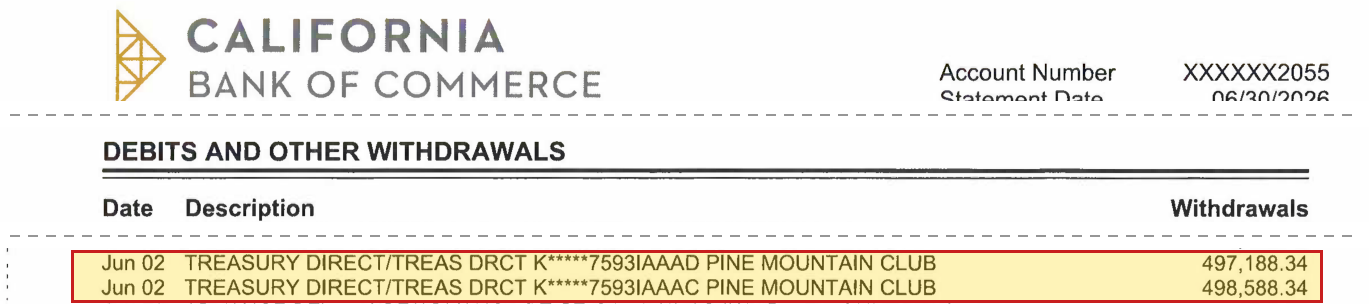 Operating Checking 2055 statement, June 2026: two Jun 02 TreasuryDirect debits, 497,188.34 and 498,588.34