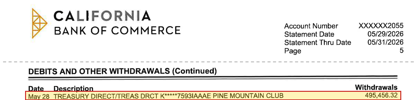 Operating Checking 2055 statement, May 2026: May 28 TreasuryDirect debit, 495,456.32