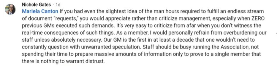 Facebook comment by Nichole Gates about the man hours required to fulfill an endless stream of document requests