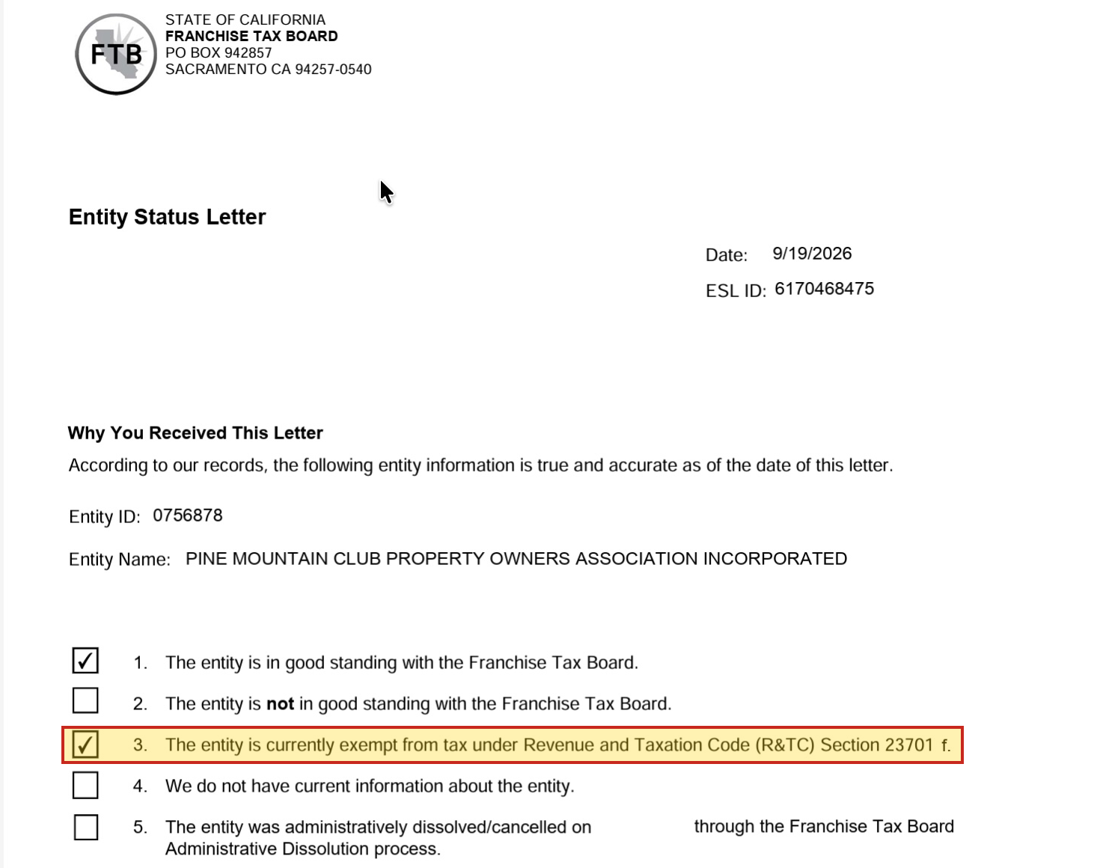 Franchise Tax Board Entity Status Letter dated 9/19/2026 for Pine Mountain Club Property Owners Association: the entity is currently exempt from tax under R&TC Section 23701 f