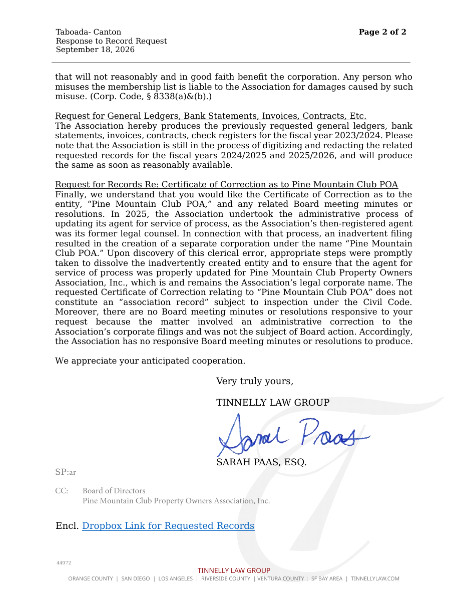 Letter from Tinnelly Law Group to Alicia Taboada-Canton dated September 18, 2026, page 2, about records still being digitized and the Pine Mountain Club POA entity